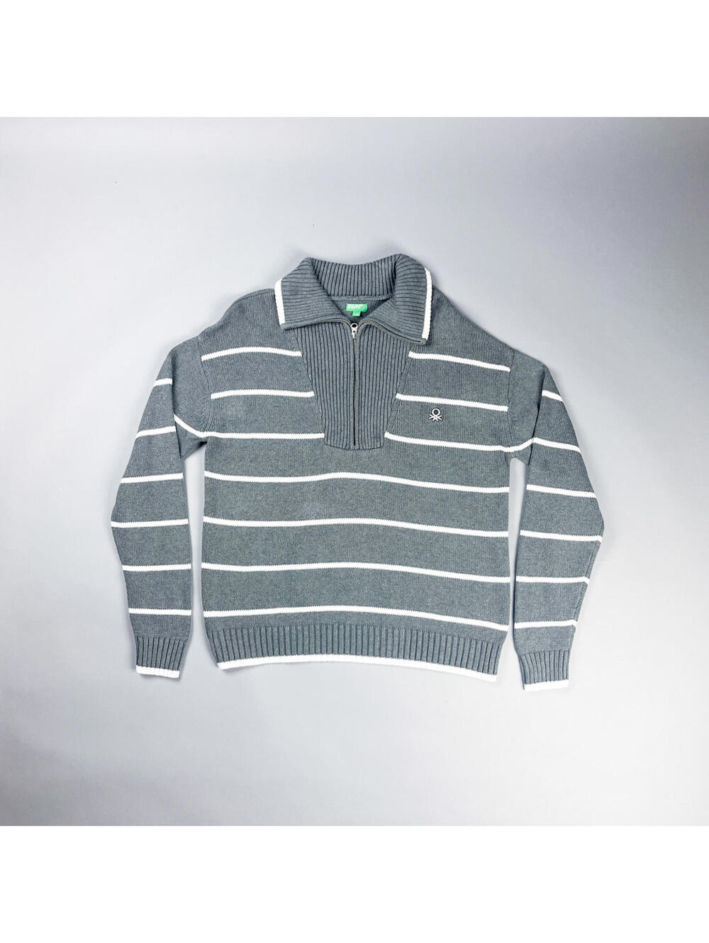 Vintage Benetton Sweater | Men's Gray and White Striped Quarter-Zip Sweater